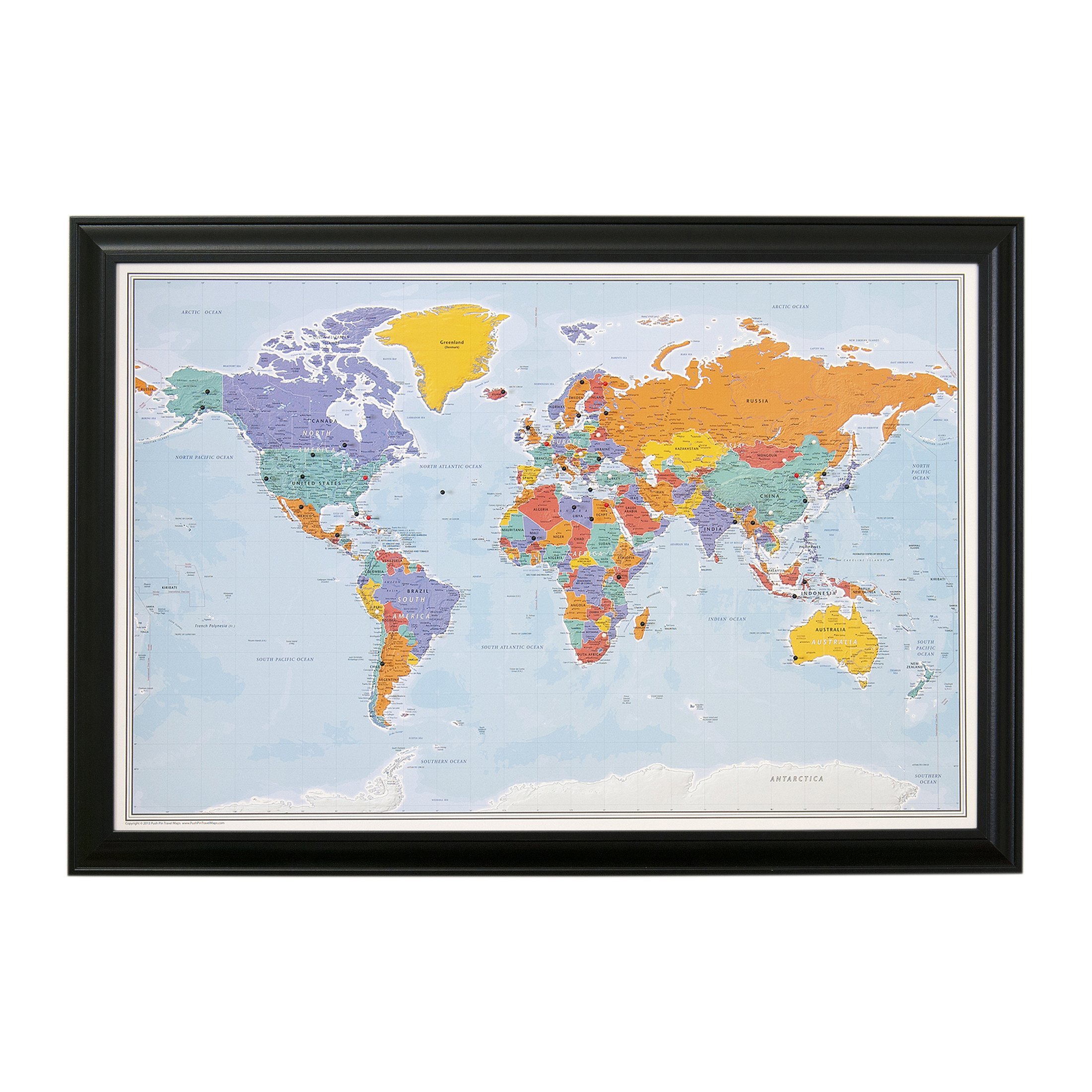 Push Pin World Travel Map with Black Frame and Pins - Blue